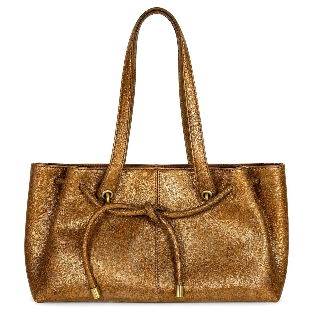 Monsac Original Brown Gold Embossed Paisley Leather Shoulder Bag Boho Chic Y2K